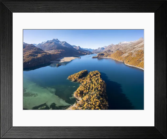 Framed Print : Sils Lake and peninsula with Piz da la Margna in autumn. Sils im Engadin / Segl, Engadin, Graubunden, Switzerland Framed Print : Sils Lake and peninsula with Piz da la Margna in autumn. Sils im Engadin / Segl, Engadin, Graubunden, Switzerland