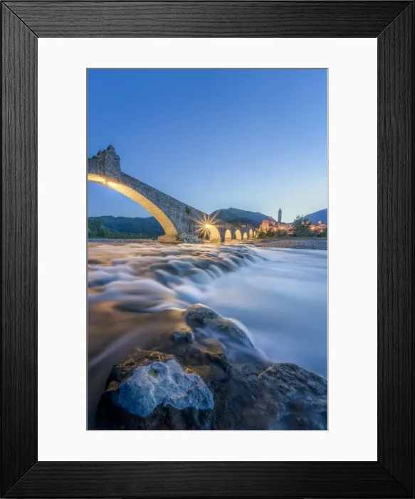Framed Print : Europe, Italy, Emilia Romagna: Bobbio, falls on the Trebbia river and the medieval town at twilight Framed Print : Europe, Italy, Emilia Romagna: Bobbio, falls on the Trebbia river and the medieval town at twilight