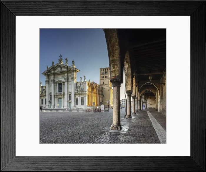 Framed Print : Columuns and arches of the Ducal Palace in Sordello Square with mantua cathedral in background after sunset Mantova, Lombardia, north Italy, south Europe Framed Print : Columuns and arches of the Ducal Palace in Sordello Square with mantua cathedral in background after sunset Mantova, Lombardia, north Italy, south Europe