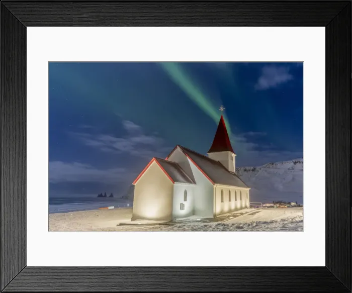 Framed Print : Europe, Iceland, Vik y Myrdal: the magic green of the Northern Lights over the Church and the rock pillars Framed Print : Europe, Iceland, Vik y Myrdal: the magic green of the Northern Lights over the Church and the rock pillars