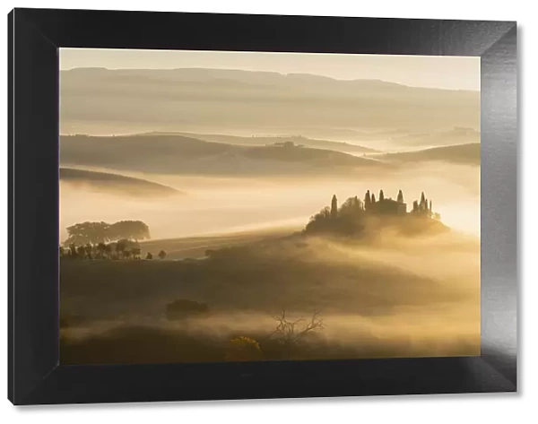 Belvedere farmhouse in Orcia valley at dawn in Siena province, Tuscany region, Italy