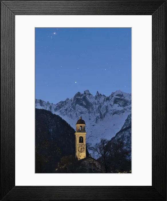 Framed Print : Starry sky over the bell tower and Sciore mountain range, Soglio, Val Bregaglia, Graubunden canton, Switzerland Framed Print : Starry sky over the bell tower and Sciore mountain range, Soglio, Val Bregaglia, Graubunden canton, Switzerland