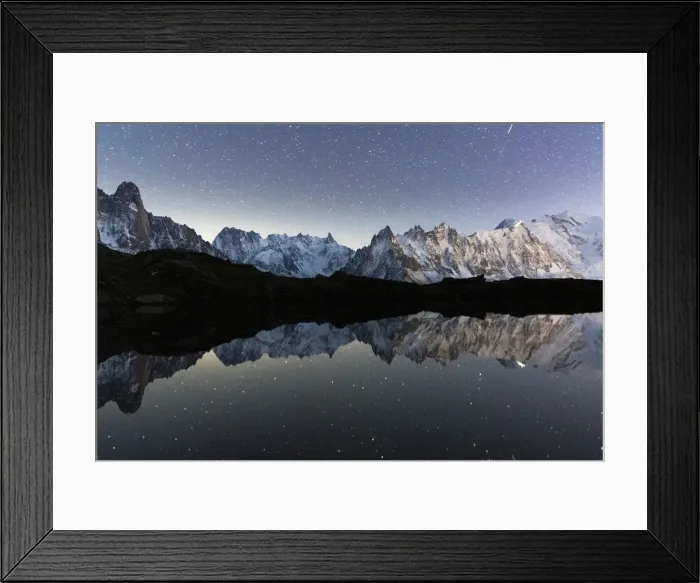 Framed Print : Starry night sky over Mont Blanc, Grand Jorasses and Aiguille Vert reflected in Lacs de Cheserys, Haute Savoie, France Framed Print : Starry night sky over Mont Blanc, Grand Jorasses and Aiguille Vert reflected in Lacs de Cheserys, Haute Savoie, France