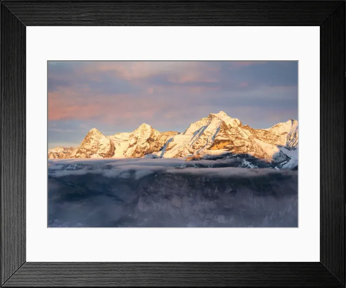 Framed Print : Eiger, Monch and Jungfrau mountains emerging from fog at sunset, Murren Birg, Jungfrau Region, Berner Oberland, Switzerland Framed Print : Eiger, Monch and Jungfrau mountains emerging from fog at sunset, Murren Birg, Jungfrau Region, Berner Oberland, Switzerland