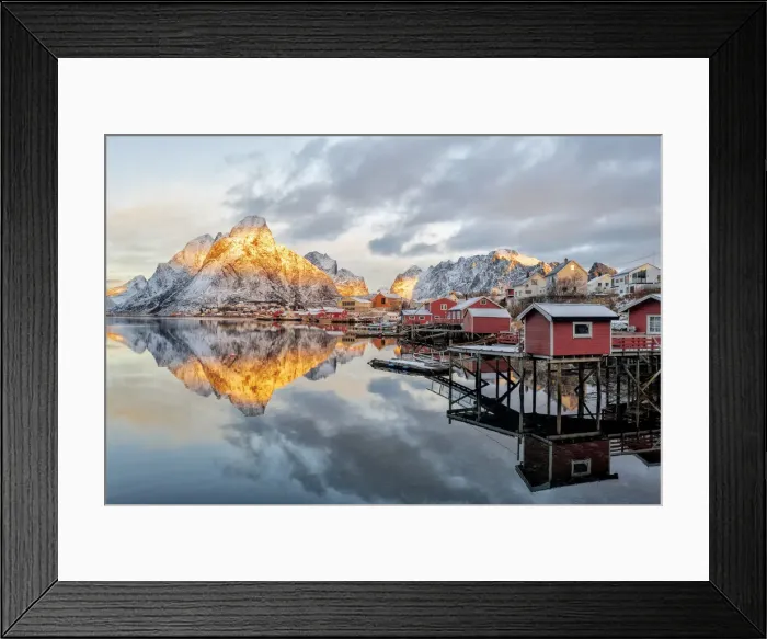 Framed Print : Traditional red Rorbu cabins at dawn, Reine Bay, Nordland, Lofoten Islands, Norway