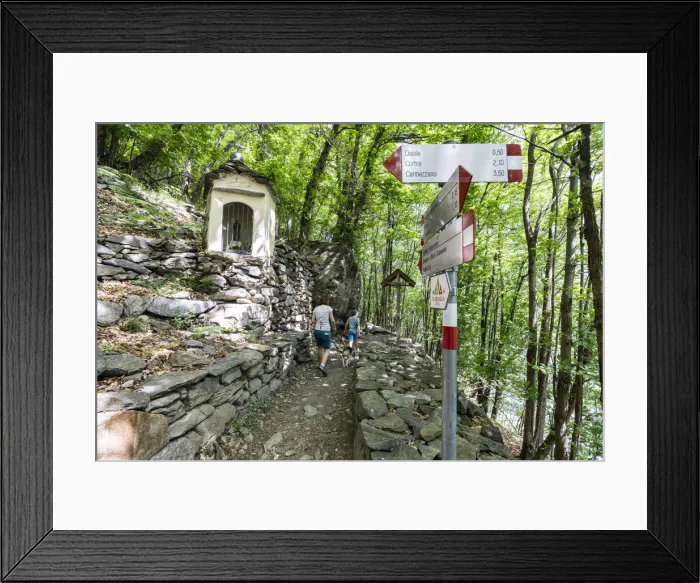 Framed Print : Hiker woman with dog and little boy walking on path, Piuro, Valchiavenna, Valtellina, Sondrio province, Lombardy, Italy