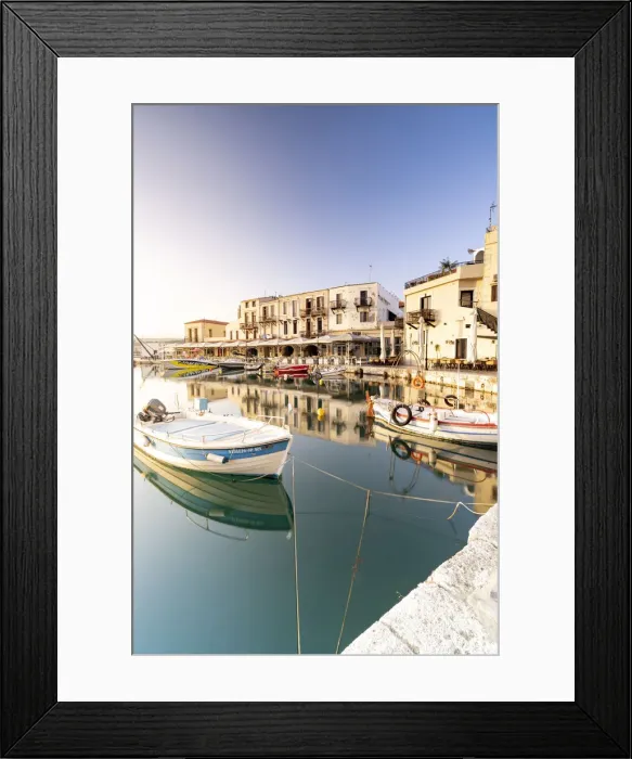 Framed Print : Fishing boats moored in the old Venetian harbour at dawn, Rethymno, Crete island, Greece Framed Print : Fishing boats moored in the old Venetian harbour at dawn, Rethymno, Crete island, Greece