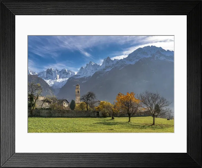 Framed Print : Old church and snowcapped Sciore mountains in autumn, Soglio, Val Bregaglia, Graubunden canton, Switzerland Framed Print : Old church and snowcapped Sciore mountains in autumn, Soglio, Val Bregaglia, Graubunden canton, Switzerland