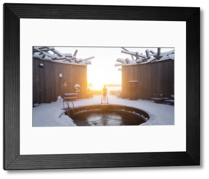 Framed Print : Person approaching the cold bath pool at sunset, Arctic Bath Spa and wellness Hotel, Harads, Lapland, Sweden Framed Print : Person approaching the cold bath pool at sunset, Arctic Bath Spa and wellness Hotel, Harads, Lapland, Sweden