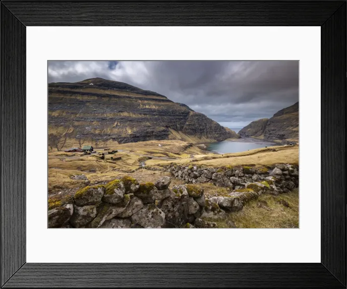 Framed Print : Picturesque Saksun village nestled between mountains on the island of Streymoy, Faroe Islands, Denmark Framed Print : Picturesque Saksun village nestled between mountains on the island of Streymoy, Faroe Islands, Denmark