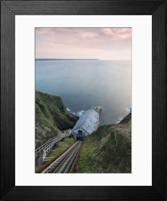 Framed Print : The old Lizard Lifeboat Station and slipway at Kilcobben Cove, Lizard, Cornwall, England. Spring (April) 2010