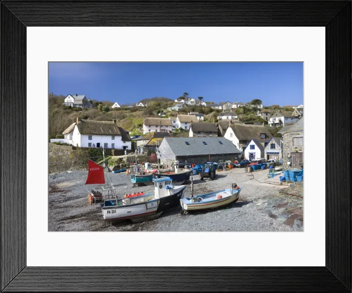 Framed Print : Fishing boats and thatched cottages in the Cornish fishing village of Cadgwith, Lizard, Cornwall, England. Spring (April) 2010 Framed Print : Fishing boats and thatched cottages in the Cornish fishing village of Cadgwith, Lizard, Cornwall, England. Spring (April) 2010