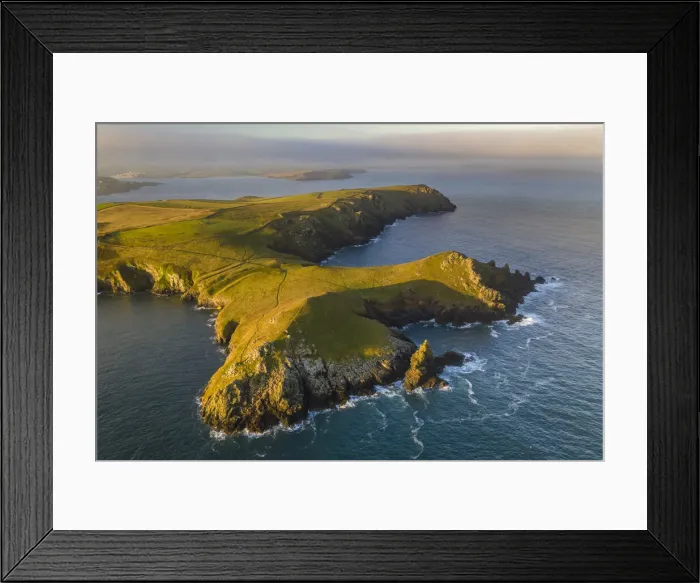 Framed Print : Aerial view of The Rumps cliffs and coastline near Pentire Point, North Cornwall, England. Autumn (September) 2021 Framed Print : Aerial view of The Rumps cliffs and coastline near Pentire Point, North Cornwall, England. Autumn (September) 2021