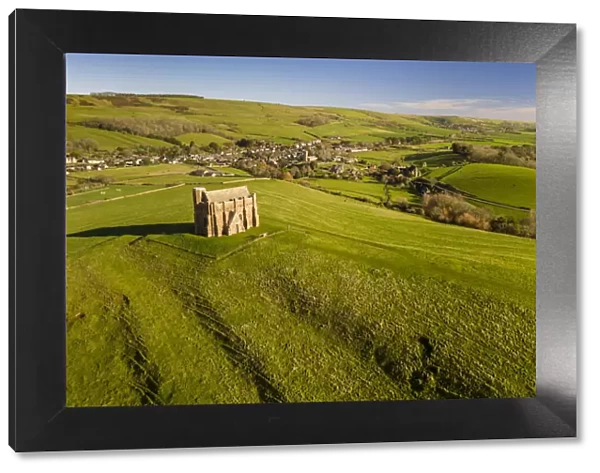 Aerial view of St Catherines Chapel near the village of Abbotsbury, Dorset, England. Winter (January) 2022
