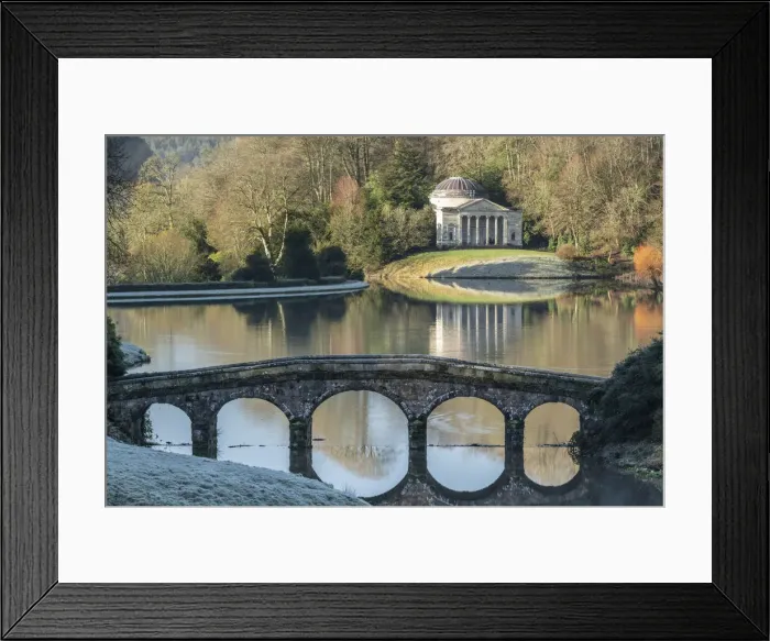 Framed Print : View across Turf Bridge and Garden Lake to the Pantheon, in the grounds of Stourhead, Wiltshire, England. Winter (January) 2022 Framed Print : View across Turf Bridge and Garden Lake to the Pantheon, in the grounds of Stourhead, Wiltshire, England. Winter (January) 2022