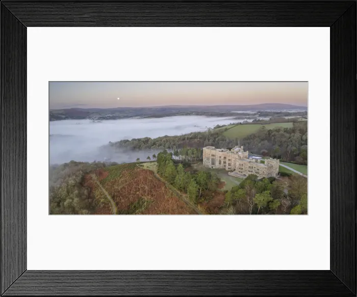 Framed Print : Aerial view of Castle Drogo at dawn on a misty winter morning, Dartmoor National Park, Devon, England. Winter (March) 2022 Framed Print : Aerial view of Castle Drogo at dawn on a misty winter morning, Dartmoor National Park, Devon, England. Winter (March) 2022