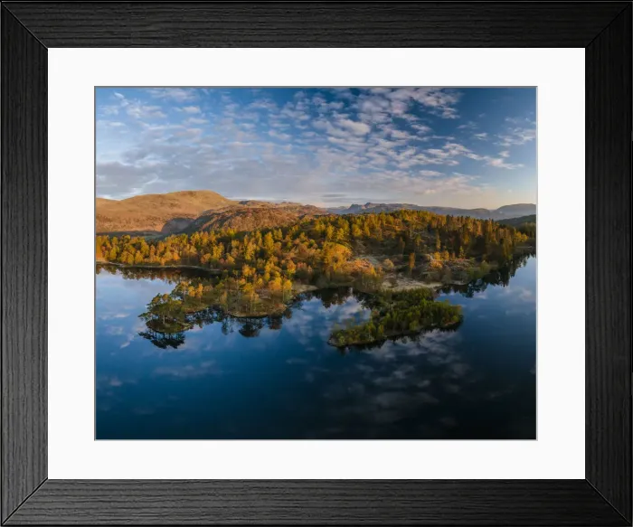 Framed Print : Aerial view over Tarn Hows at dawn, Lake District National Park, Cumbria, England, United Kingdom Framed Print : Aerial view over Tarn Hows at dawn, Lake District National Park, Cumbria, England, United Kingdom