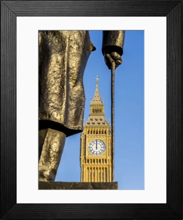 Framed Print : Statue of Winston Churchill, a former British Prime Minister and Big Ben, also known as Elizabeth Tower. Part of the Houses of Parliament and a Unesco World Heritage site, London, England, UK