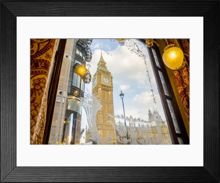 Framed Print : Inside St Stephens Tavern pub looking at Big Ben, also known as Elizabeth Tower. Part of the Houses of Parliament and a Unesco World Heritage site, London, England, UK