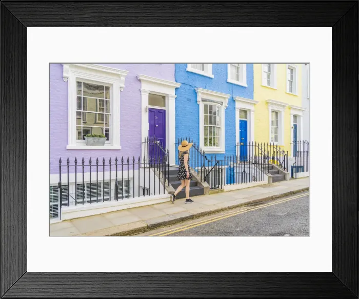 Framed Print : A woman in a hat walking in a pretty street in Notting Hill, London, England, Uk, (MR) Framed Print : A woman in a hat walking in a pretty street in Notting Hill, London, England, Uk, (MR)