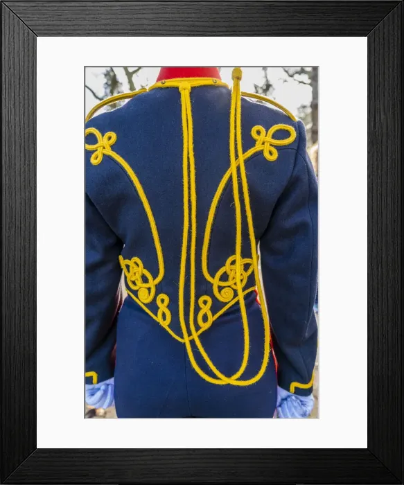 Framed Print : Close up of the uniform of a Kings Troop Royal Horse Artillery soilder, on Acession day, St James Park, London, England, Uk