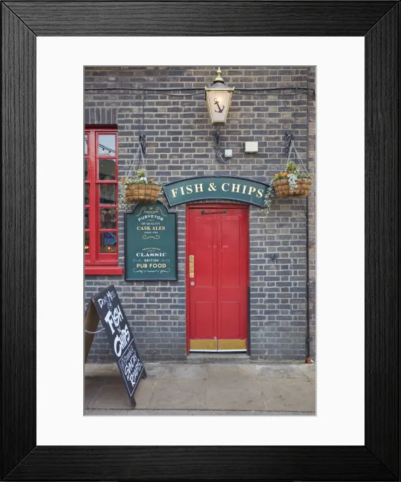 Framed Print : A signboard saying Fish & Chips'over the door of the Anchor Bankside'traditional pub, Bankside, London, United Kingdom Framed Print : A signboard saying Fish & Chips'over the door of the Anchor Bankside'traditional pub, Bankside, London, United Kingdom