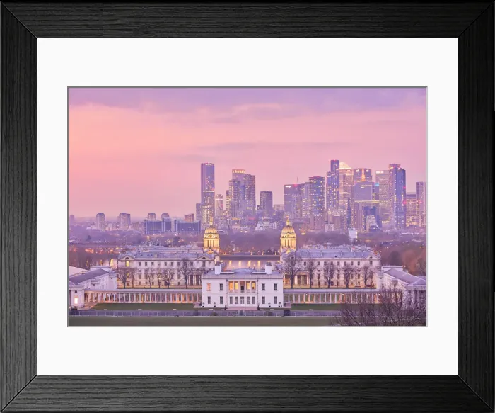 Framed Print : The Queens House, National Maritime Museum, and the Old Royal Naval College with the Canary Wharf skyline at twilight, Greenwich, London, United Kingdom, Northern Europe