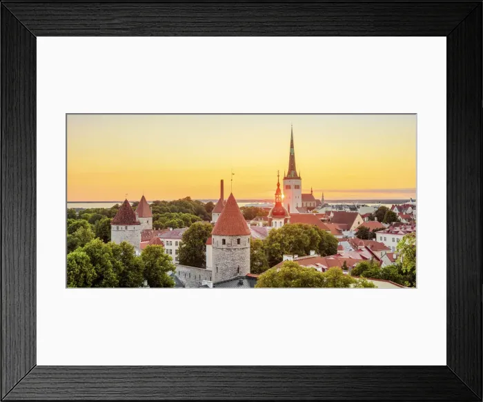 Framed Print : View over the Old Town towards St Olafs Church at sunrise, Tallinn, Estonia