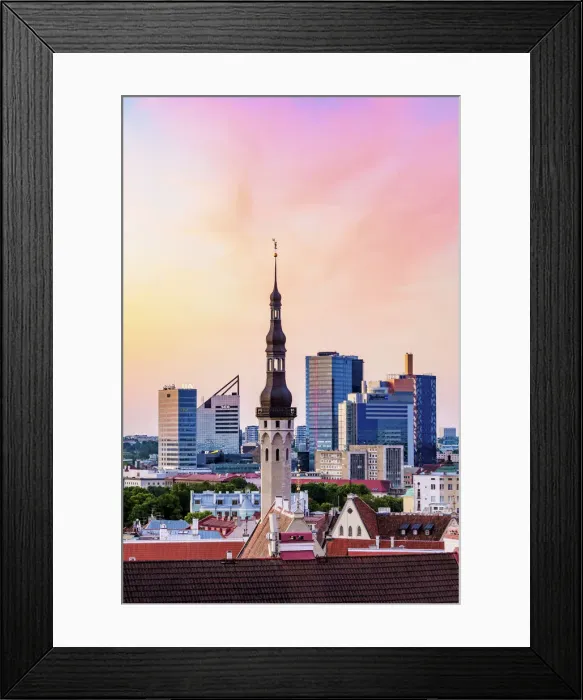 Framed Print : View over the Town Hall spire towards High-rise Buildings at dawn, Tallinn, Estonia Framed Print : View over the Town Hall spire towards High-rise Buildings at dawn, Tallinn, Estonia