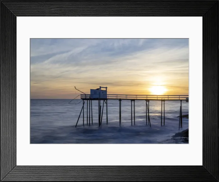 Framed Print : France, Nouvelle-Aquitaine, Charente Maritime, Saint-Palais-sur-Mer, a stilt fishing hut (carrelet) at sunset Framed Print : France, Nouvelle-Aquitaine, Charente Maritime, Saint-Palais-sur-Mer, a stilt fishing hut (carrelet) at sunset