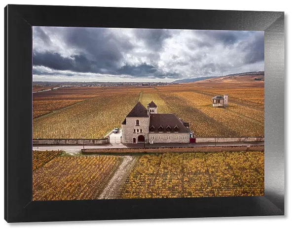 Bourgogne wine region (Burgundy), France, Europe. Autumn landscape, vineyards and Castle from above