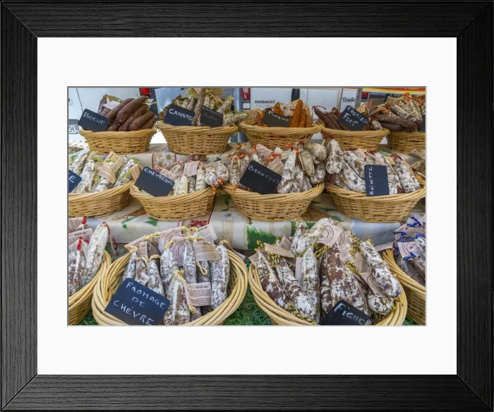 Framed Print : Market stall with sausage in the old town of Lorgues, Provence, Provence-Alpes-Cote d Azur, Alpes de Haute Provence, Southern France, France