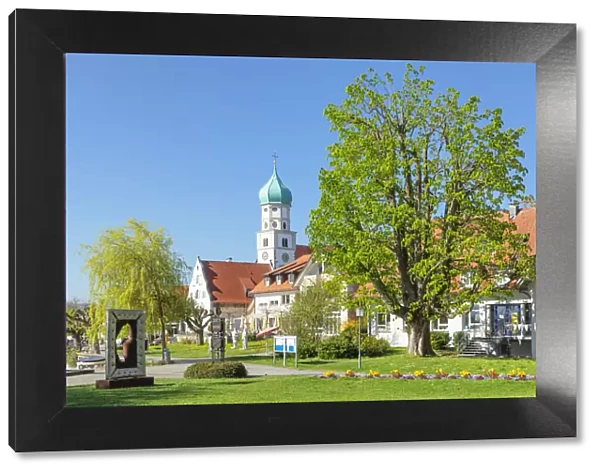 Peninsula with St. Georg church in spring, Wasserburg, Lake Constance, Swabia, Bavaria, Germany