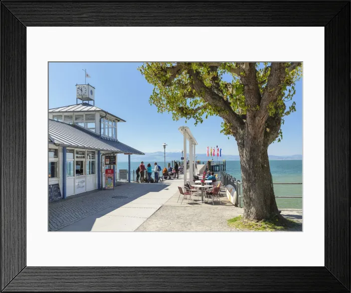 Framed Print : Street cafes at the landing stage in Kressbronn, Lake Constance, Upper Swabia, Baden Wurttemberg, Germany
