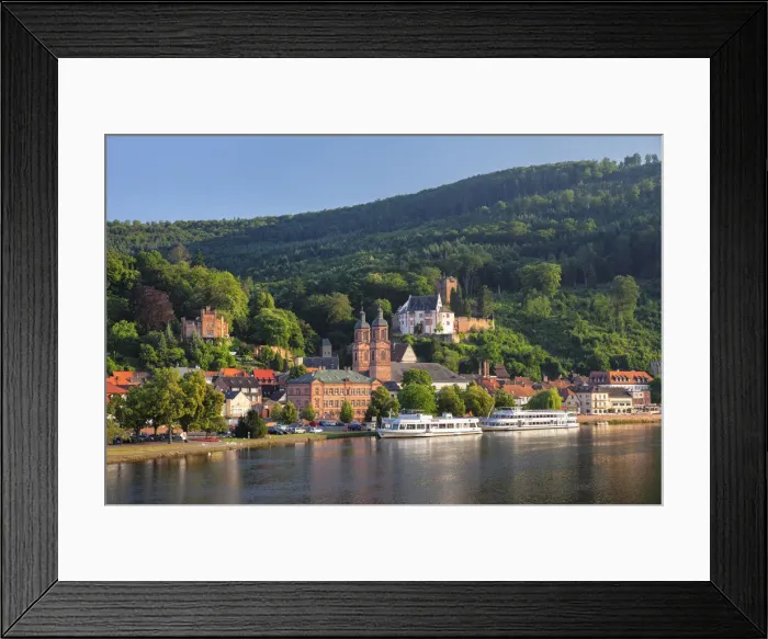 Framed Print : View across Main River to Miltenberg with St. Jacobs Church and Castle, Lower Franconia, Bavaria, Germany Framed Print : View across Main River to Miltenberg with St. Jacobs Church and Castle, Lower Franconia, Bavaria, Germany