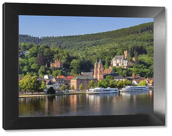 View across Main River to Miltenberg with St. Jacobs Church and Castle, Lower Franconia, Bavaria, Germany