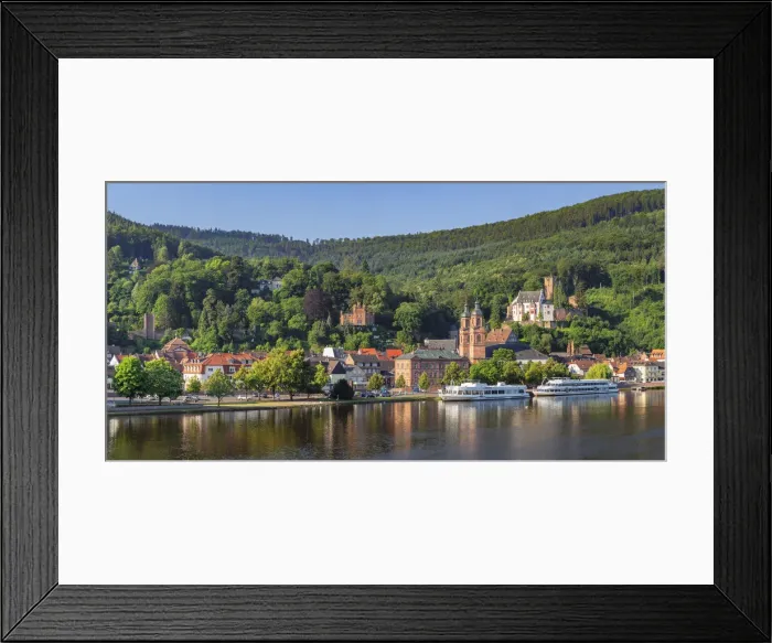 Framed Print : View across Main River to Miltenberg with St. Jacobs Church and Castle, Lower Franconia, Bavaria, Germany