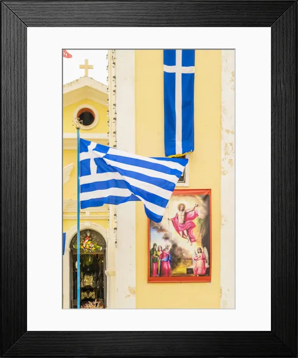 Framed Print : Greek flag and Zoodochos Pigi Holy Church, Zakynthos, Zante, Ionian Islands, Greece Framed Print : Greek flag and Zoodochos Pigi Holy Church, Zakynthos, Zante, Ionian Islands, Greece