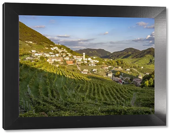 Valdobbiadene, Prosecco sparkling white wine region. Vineyards on the road and hills from above. Veneto, Italy