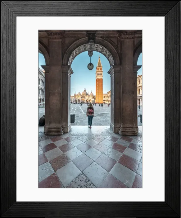 Framed Print : Venice, Veneto, Italy. Woman tourist looking at St Marks Square Framed Print : Venice, Veneto, Italy. Woman tourist looking at St Marks Square