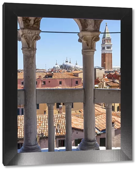 Venice, Veneto, Italy. Palazzo Contarini del Bovolo staircase, st Mark tower on background