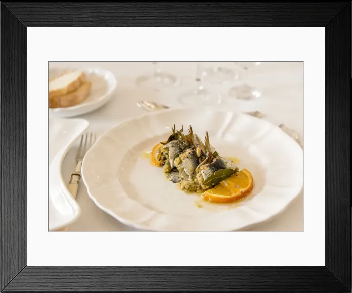 Framed Print : europe, Italy, Sicily. Palermo, a place setting with the Sarde Beccafico, a traditional local dish Framed Print : europe, Italy, Sicily. Palermo, a place setting with the Sarde Beccafico, a traditional local dish