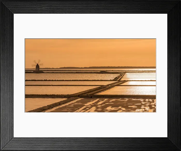 Framed Print : europe, Italy, Sicily. Marsala the salt flats with the ancient wind mill