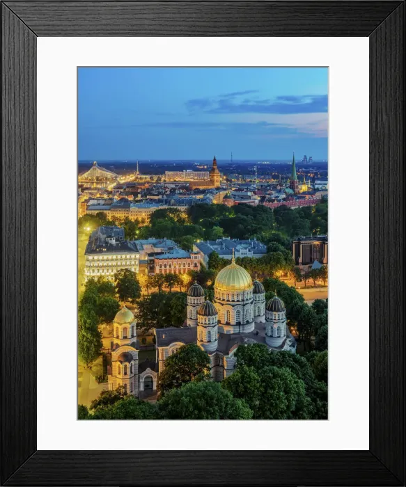 Framed Print : View over the Golden Domes of the Nativity of Christ Orthodox Cathedral towards the Old Town, dusk, Riga, Latvia Framed Print : View over the Golden Domes of the Nativity of Christ Orthodox Cathedral towards the Old Town, dusk, Riga, Latvia