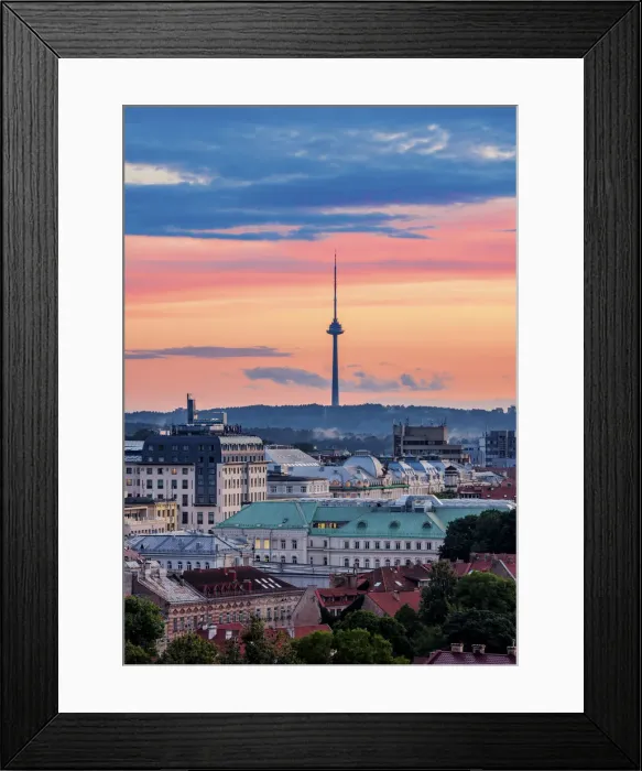 Framed Print : View over Old Town towards TV Tower at sunset, Vilnius, Lithuania Framed Print : View over Old Town towards TV Tower at sunset, Vilnius, Lithuania