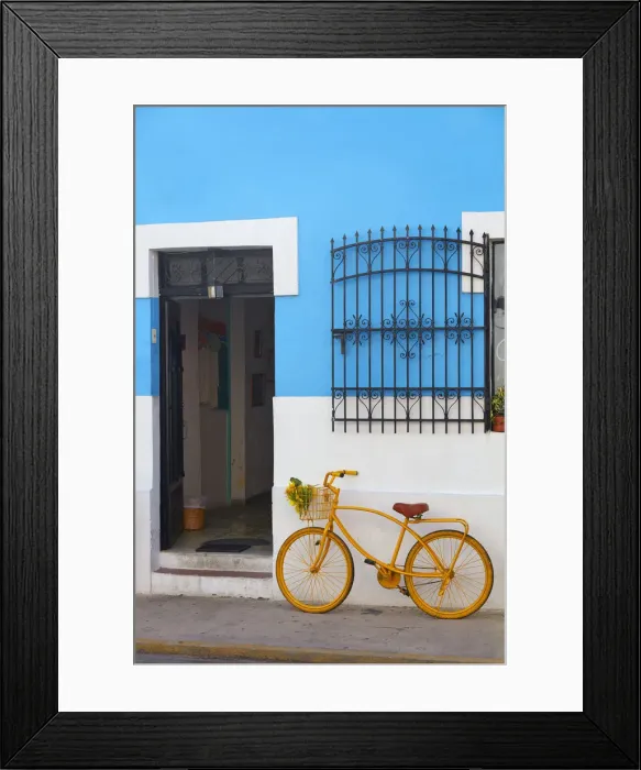 Framed Print : A yellow bike in front of a colorful shop in Merida, Yucatan, Mexico Framed Print : A yellow bike in front of a colorful shop in Merida, Yucatan, Mexico