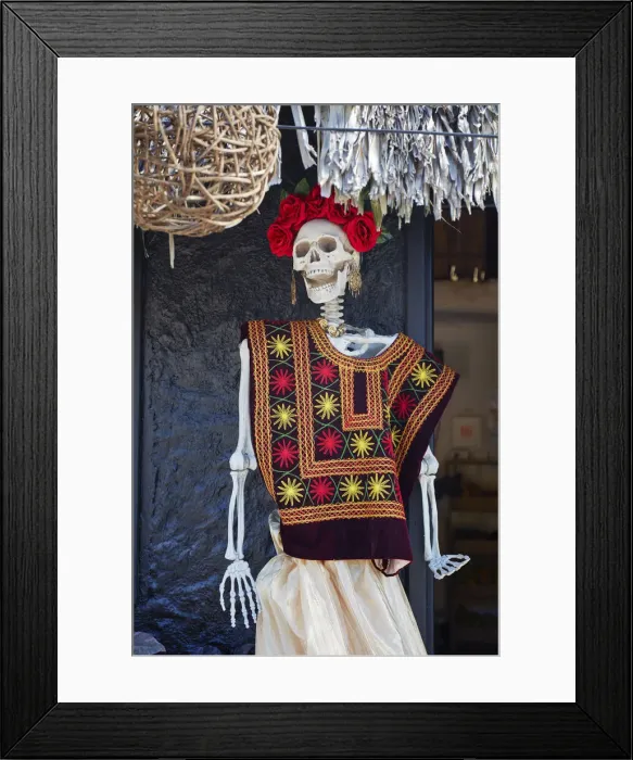 Framed Print : A Mexican folkloric skeleton (Calaca) in a street of Holbox, Quintana Roo, Yucatan, Mexico. It is commonly used for decoration during the Mexican Day of the Dead festival Framed Print : A Mexican folkloric skeleton (Calaca) in a street of Holbox, Quintana Roo, Yucatan, Mexico. It is commonly used for decoration during the Mexican Day of the Dead festival