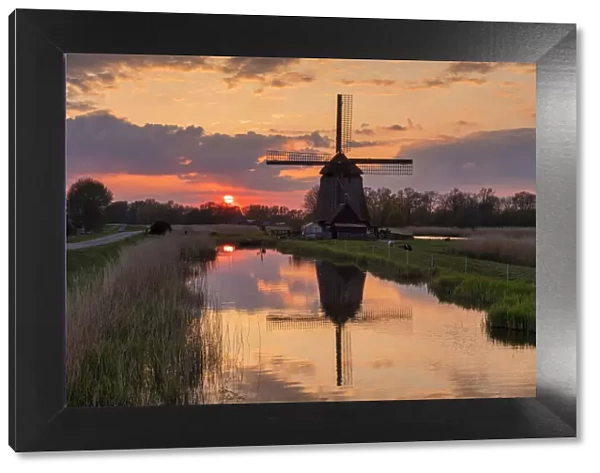 Windmill Reflecting in Dyke at Sunset, Oterleek, Holland, Netherlands