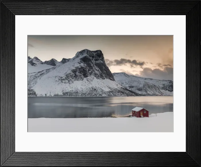 Framed Print : Red Boathouse on Bergsbotn Fjord, Senja, Norway Framed Print : Red Boathouse on Bergsbotn Fjord, Senja, Norway