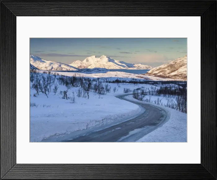 Framed Print : Road Through Wintry Landscape, Vengsoytinden & Kvantotinden in Distance, Vengsoya Island, Tromso, Norway Framed Print : Road Through Wintry Landscape, Vengsoytinden & Kvantotinden in Distance, Vengsoya Island, Tromso, Norway